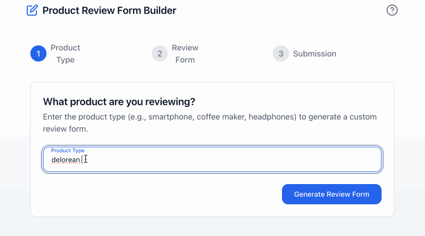 An animated gif showing a product review form for a DeLorean sports car generated in real time, as described in the essay.