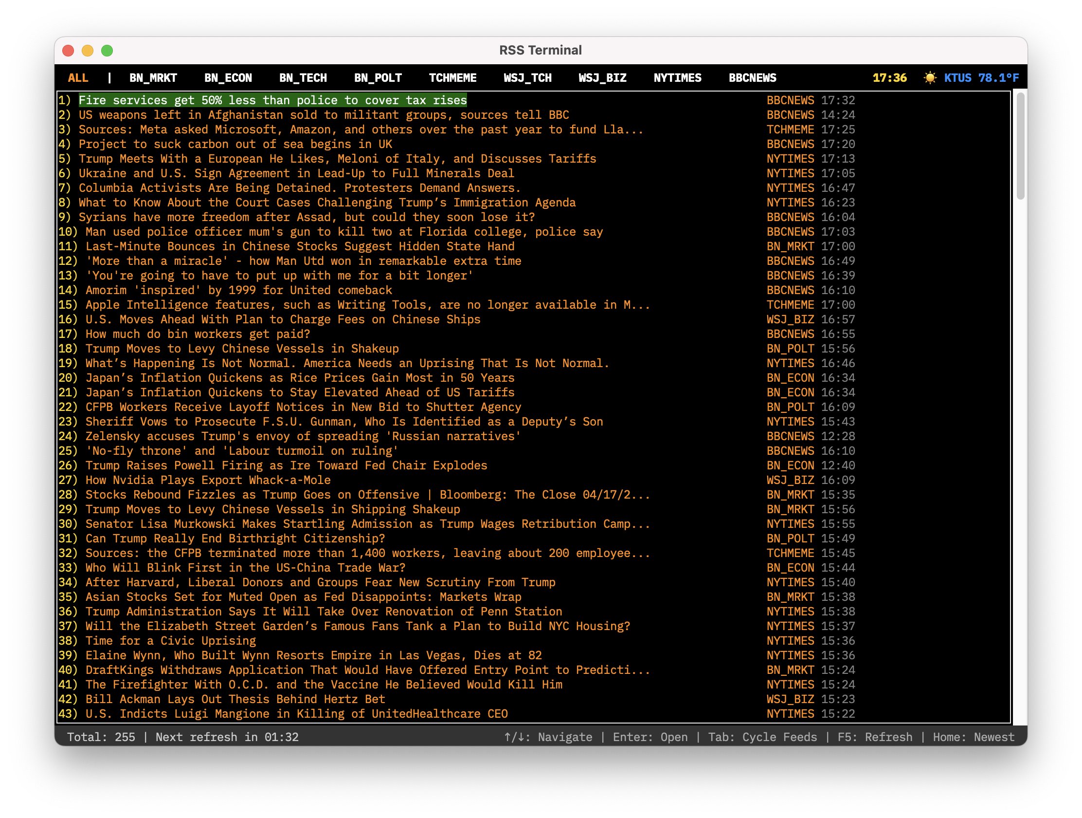 Terminal-style RSS reader with color-coded headlines from various news sources